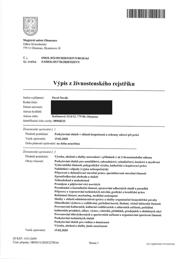 Výpis z živnostenského rejstříku – Pavel Novák